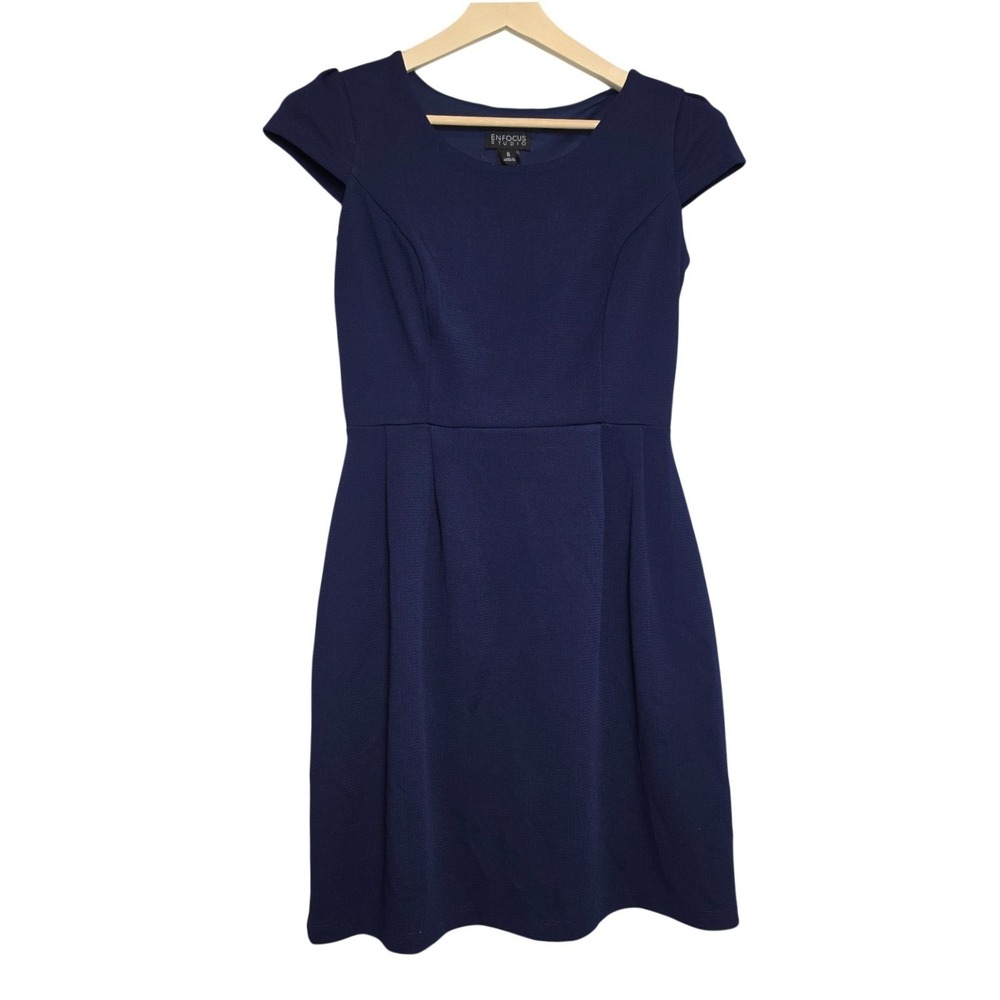 Enfocus Studio Textured Knit Cap Sleeve Pleated Navy Blue Sheath Dress Size 8